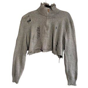 VTG Furst of a Kind Distressed Knit 1/4 Zip Cropped Sweater Women's Gray Cozy